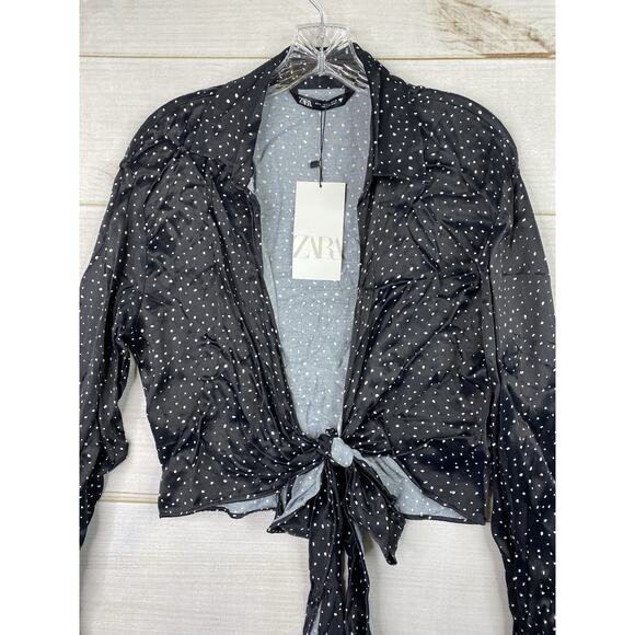 Zara Womens Top Size L Black Animal Print Satin Tie Open Front Long Sleeve NWT - Picture 2 of 9